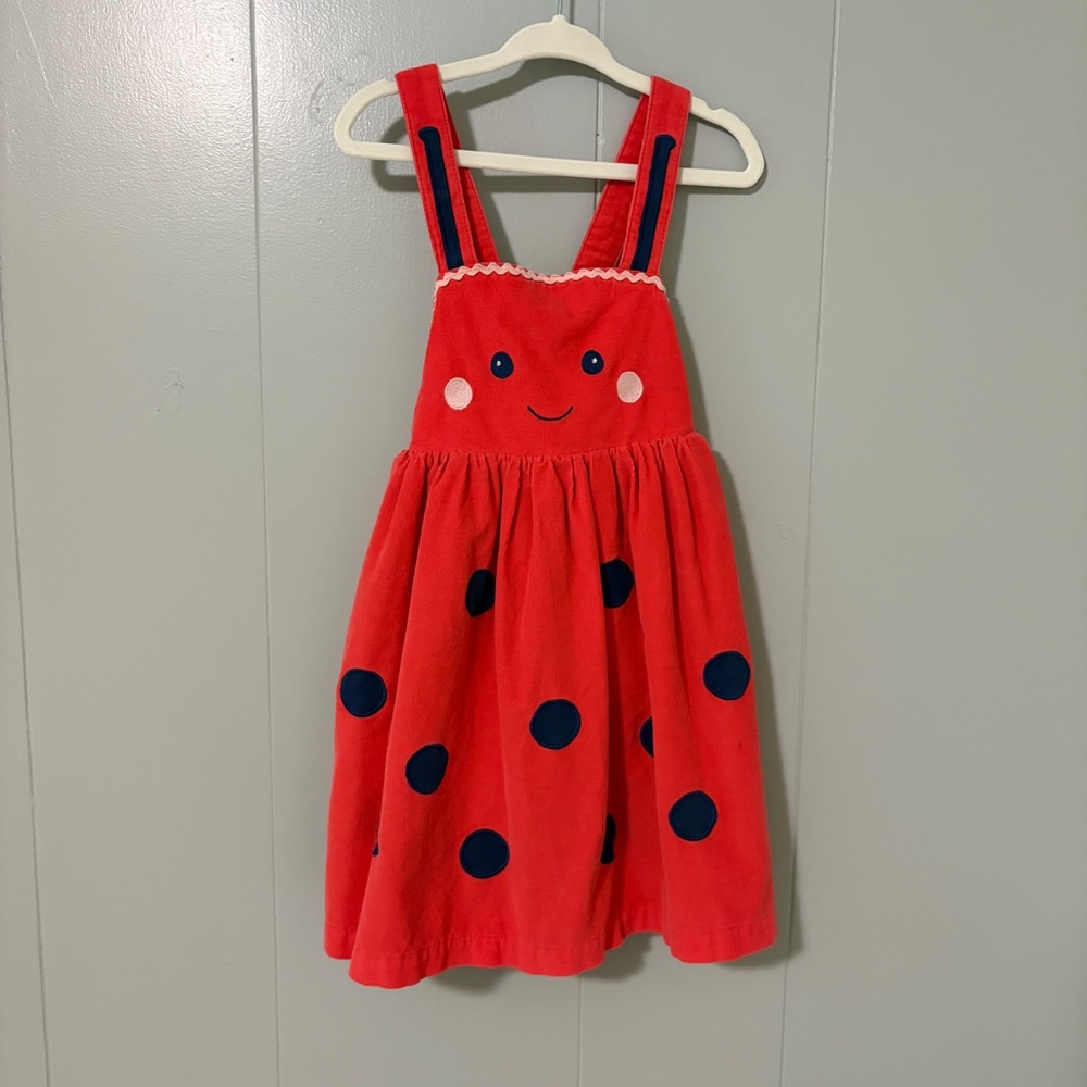 Baby Boden Ladybug Pinnie Dress 3-4Y Red Corduroy Pinafore Polka Dot Applique